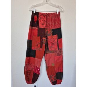 White Waves Red Patchwork Harem Pants Cotton Boho Floral Cargo Pocket India OS